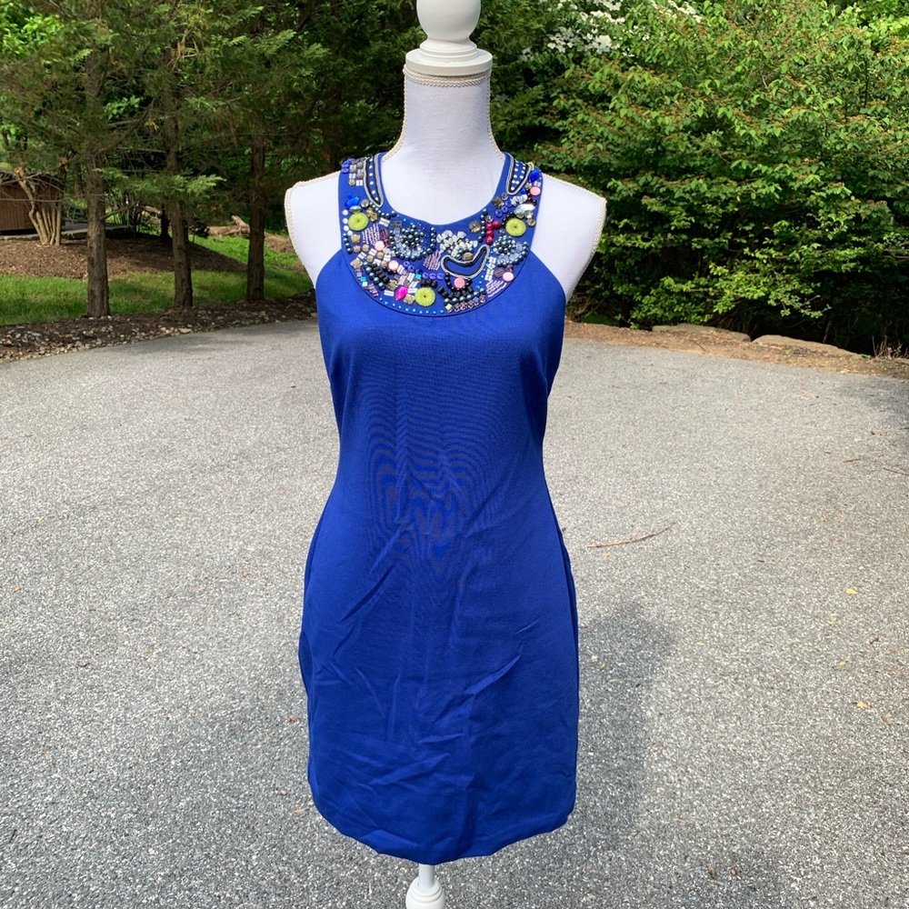 Trina Turk Blue Mini Dress with Beaded Bib